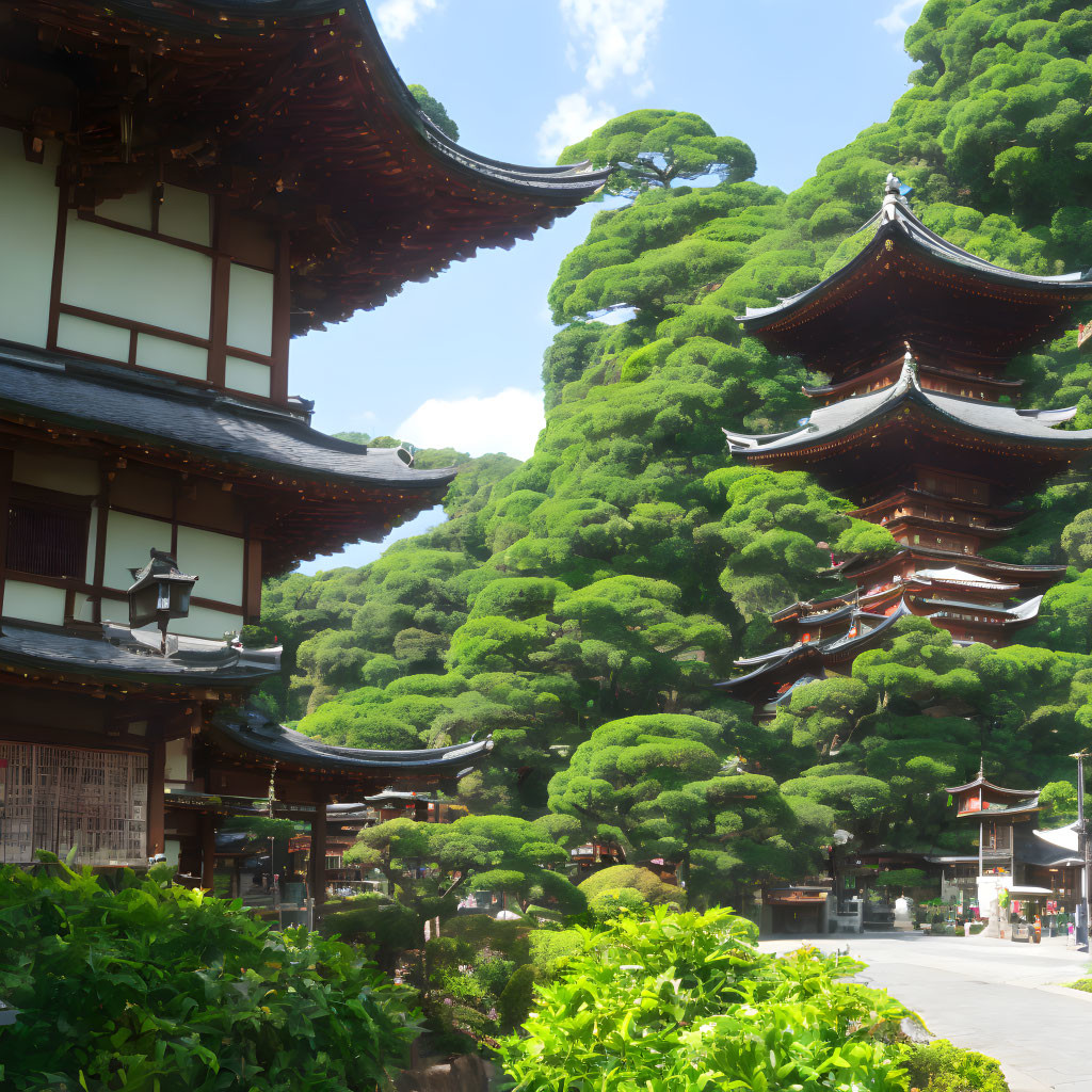 Asian-style multi-tiered pagodas and wooden building surrounded by lush greenery under clear blue sky