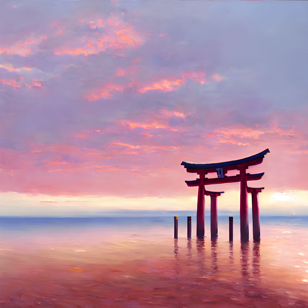 Traditional Japanese torii gate in serene waters under vibrant sunset sky