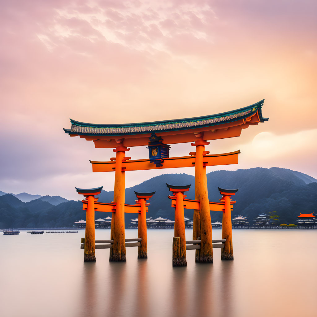 Iconic Vermilion Torii Gate at Itsukushima Shrine at Sunset