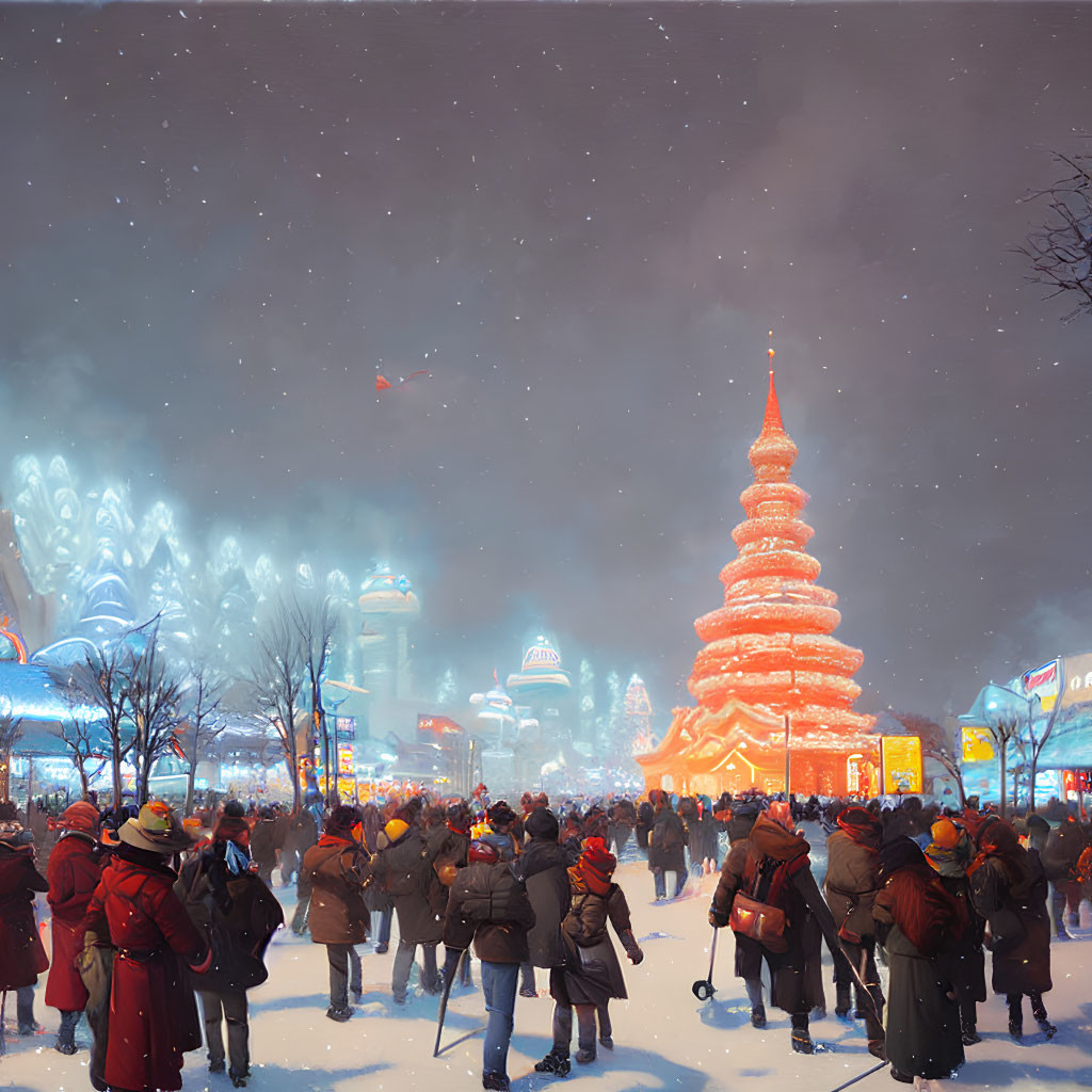 Nighttime winter festival with ice sculptures and pagoda in snowfall