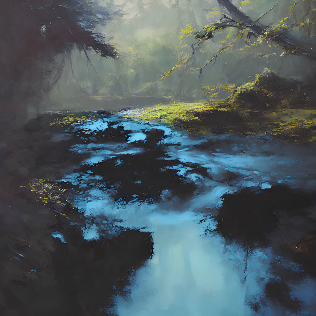 Tranquil forest scene with serene stream and lush greenery