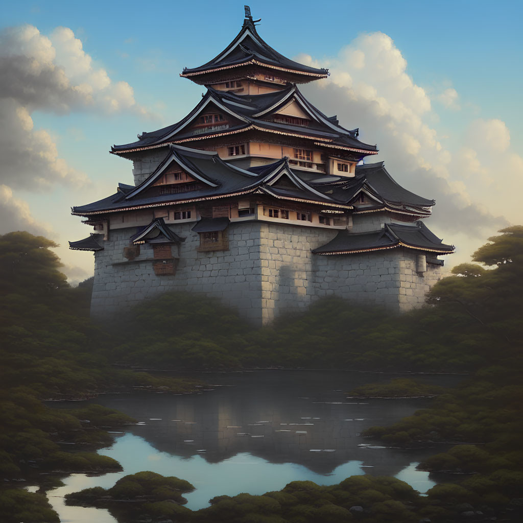 Japanese castle with tiered roofs in serene setting surrounded by lush foliage and reflected in pond under cloudy sky