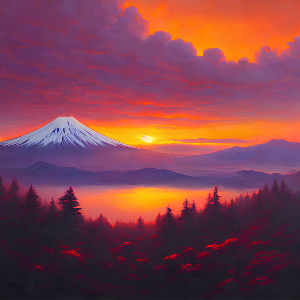 Scenic painting of Mount Fuji at sunrise with radiant sky and serene lake