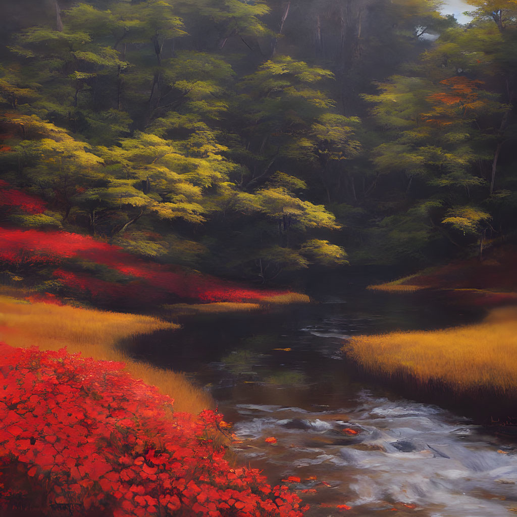 Colorful autumn forest reflecting in calm river with red foliage and soft light