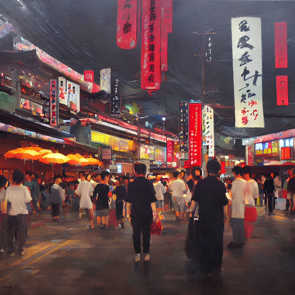 Vibrant night market with neon signs, crowded vendors, and twilight sky