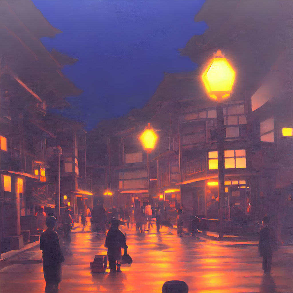 Bustling Street at Dusk with Warm Lantern Light