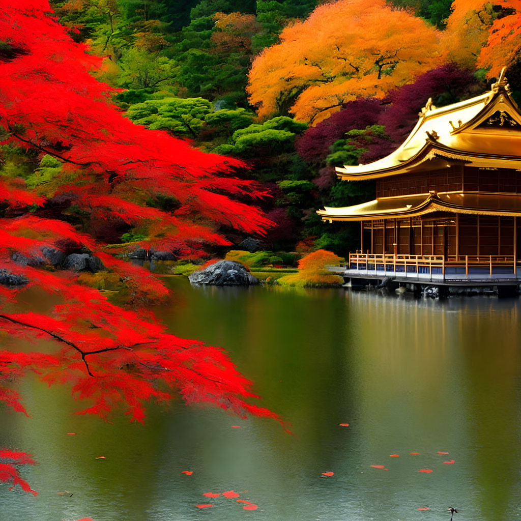 Golden Pavilion by Calm Pond Surrounded by Autumn Foliage