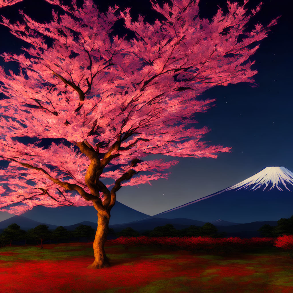 Pink tree and Mount Fuji under twilight sky