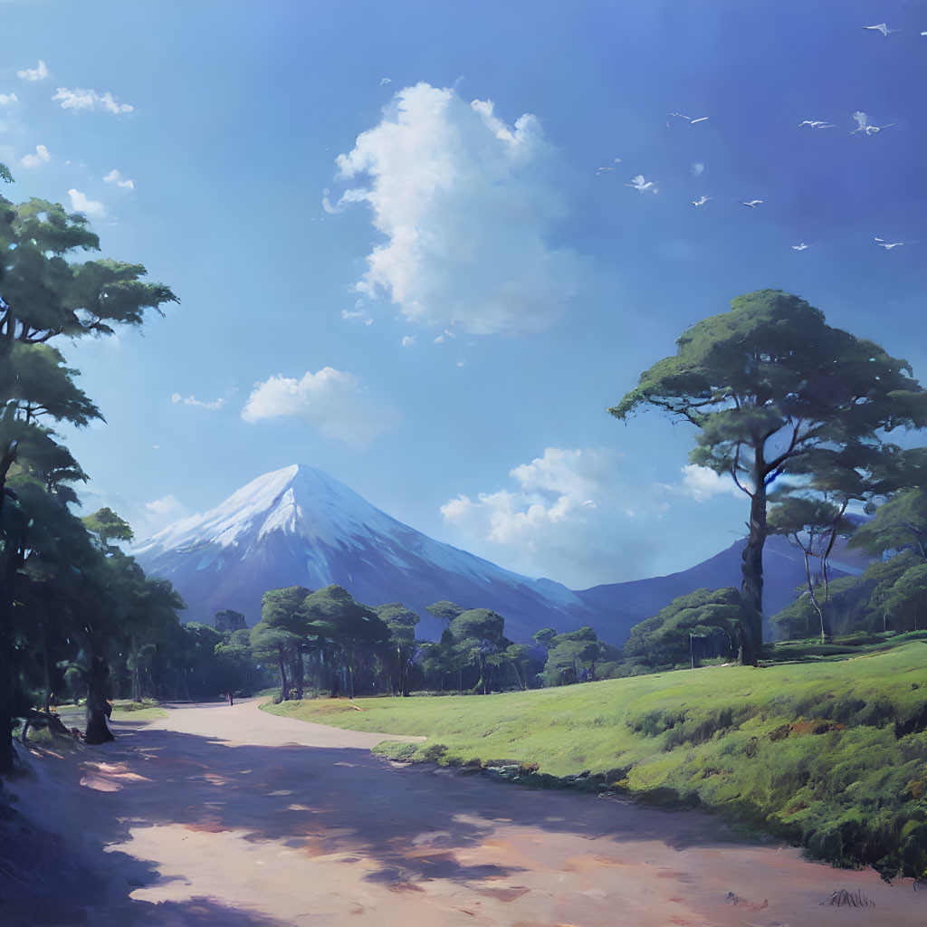 Serene landscape with snow-capped mountain, green trees, blue sky, and path