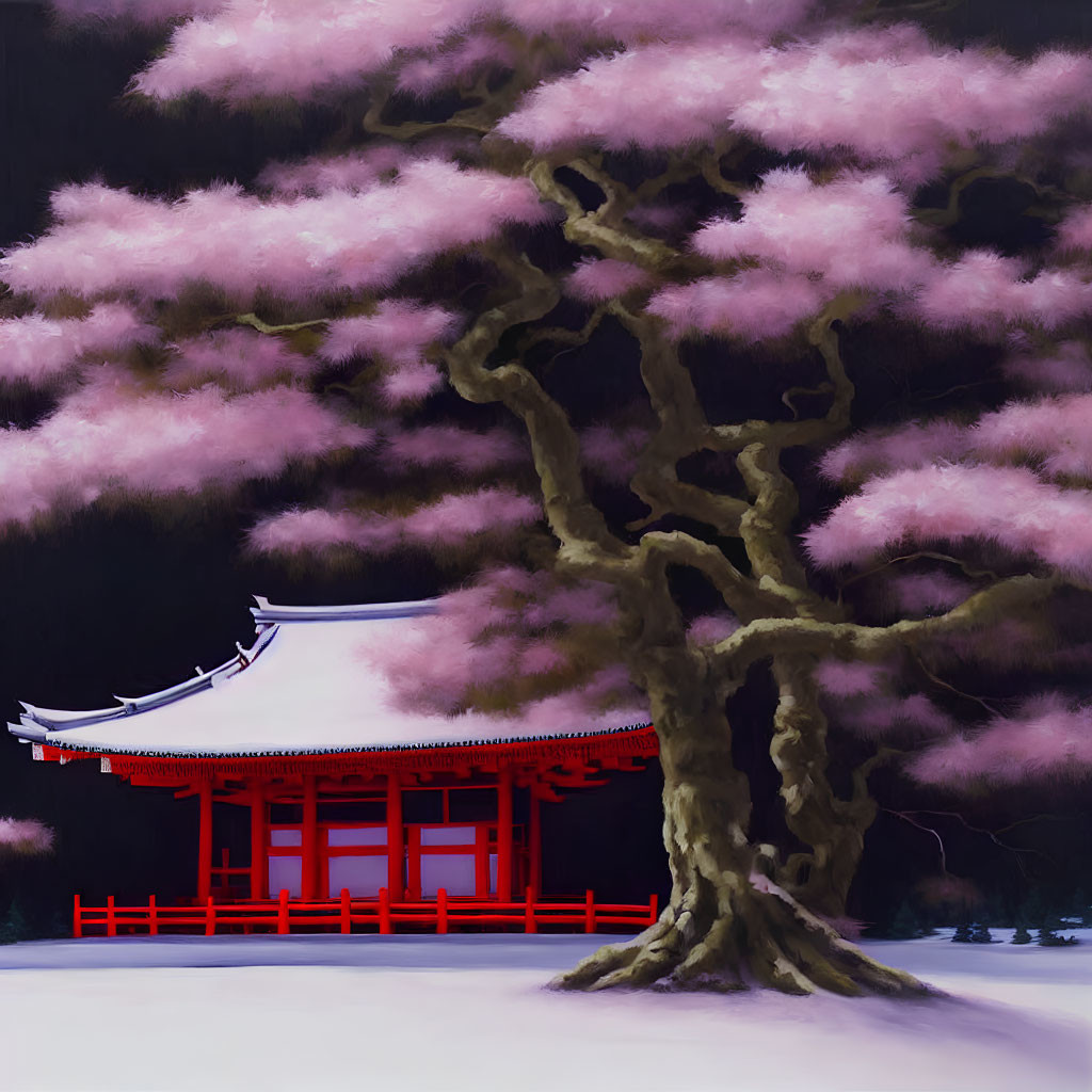 Vibrant Cherry Blossom Tree Painting with Japanese Structure on Dark Background