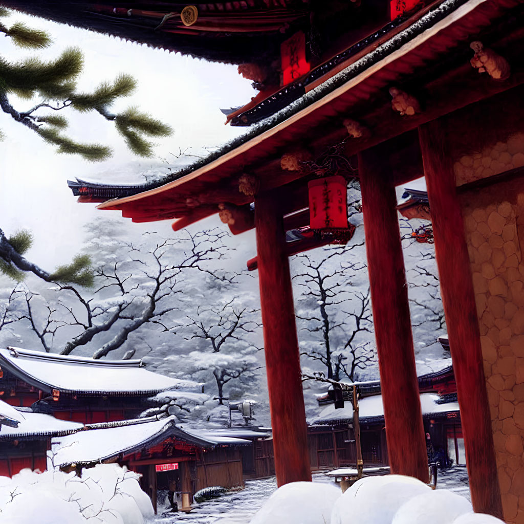 Snow-covered shrine with red lanterns in wintry landscape and Japanese architecture.