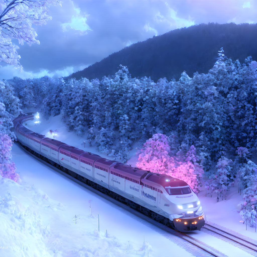 Snowy landscape: Train traveling at dusk with illuminated headlights, snow-covered trees, and purple sky