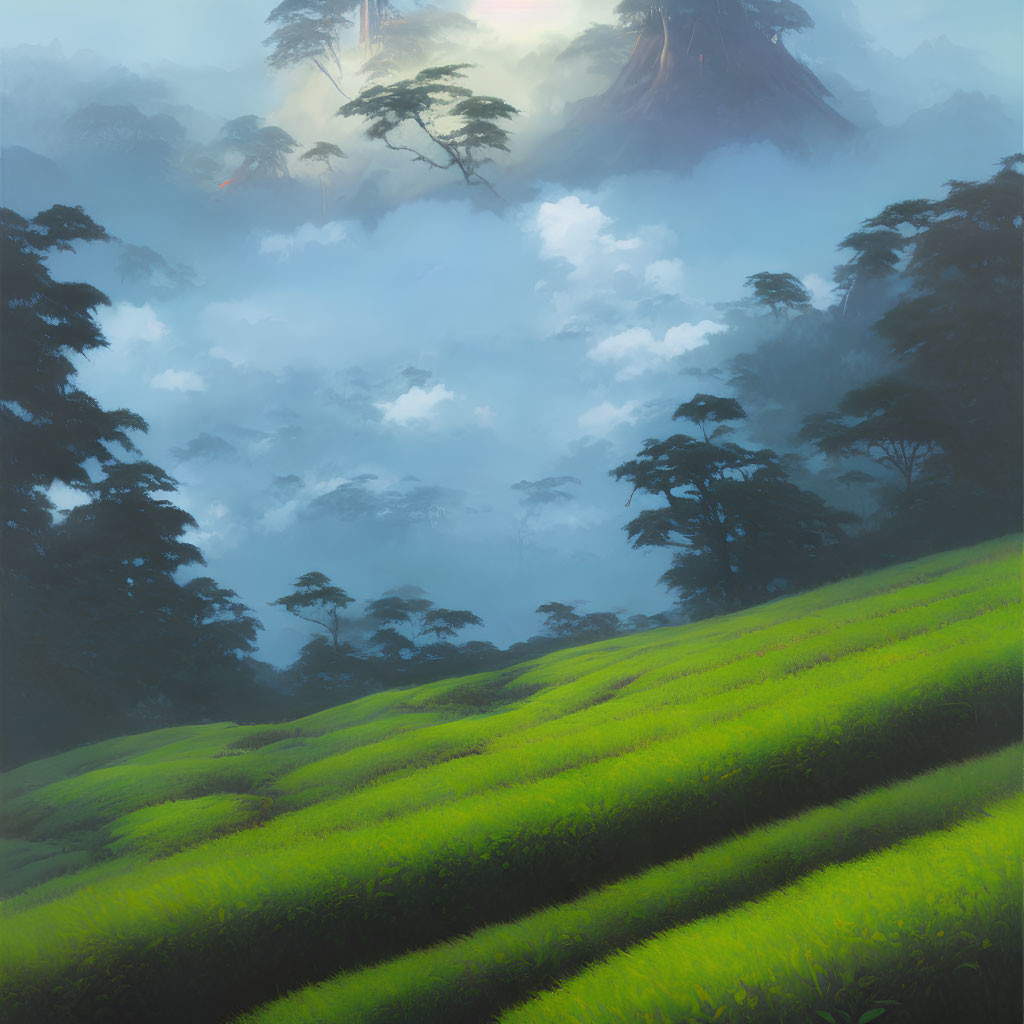 Misty mountain landscape with verdant terraced fields