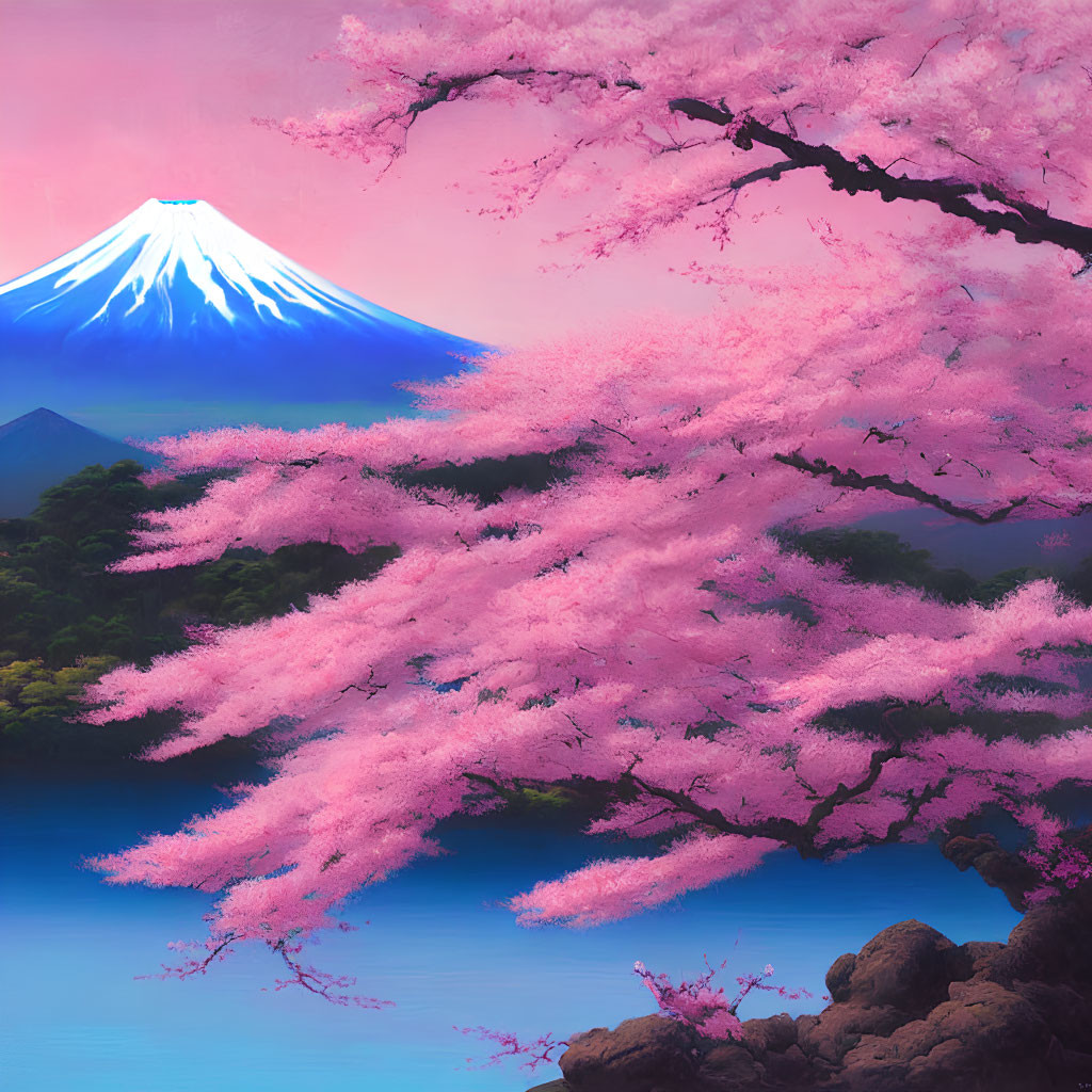 Majestic Mount Fuji with vibrant cherry blossoms and serene lake