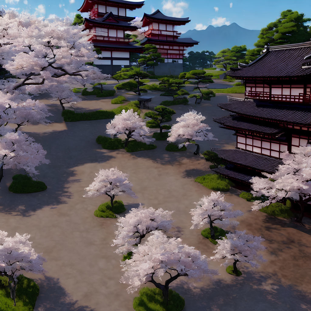 Japanese pagoda surrounded by cherry blossoms under blue sky