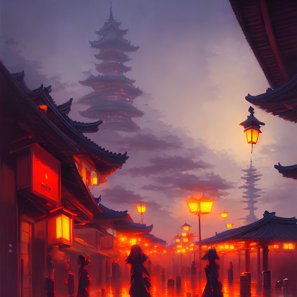 Misty red-hued ancient Asian street at dusk with glowing lanterns.