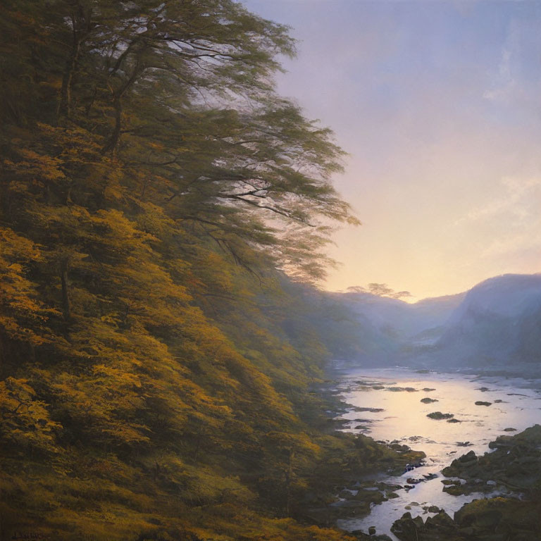 Tranquil dusk landscape: golden trees, calm river, misty mountains