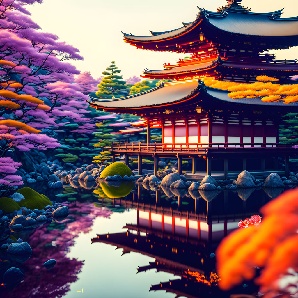 Traditional Asian Temple with Layered Roofs Reflecting in Water and Purple Foliage at Sunset