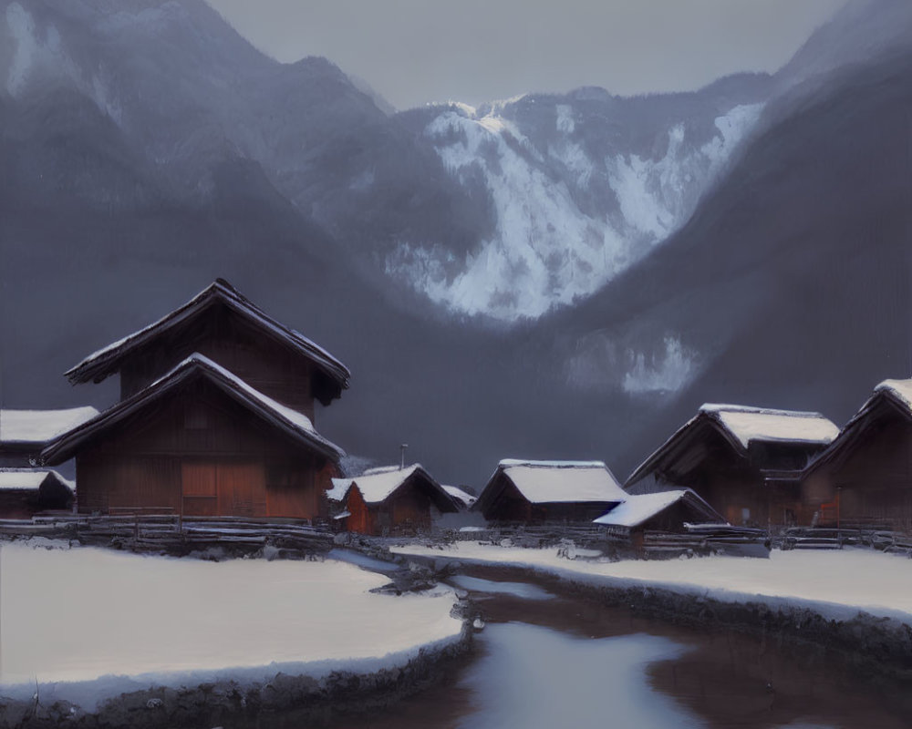 Snow-covered roofs on wooden houses by calm river with misty mountains.