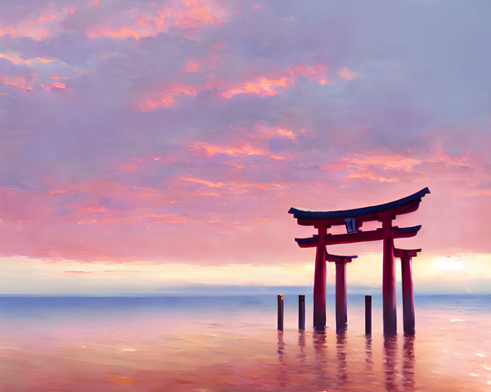 Traditional Japanese torii gate in serene waters under vibrant sunset sky