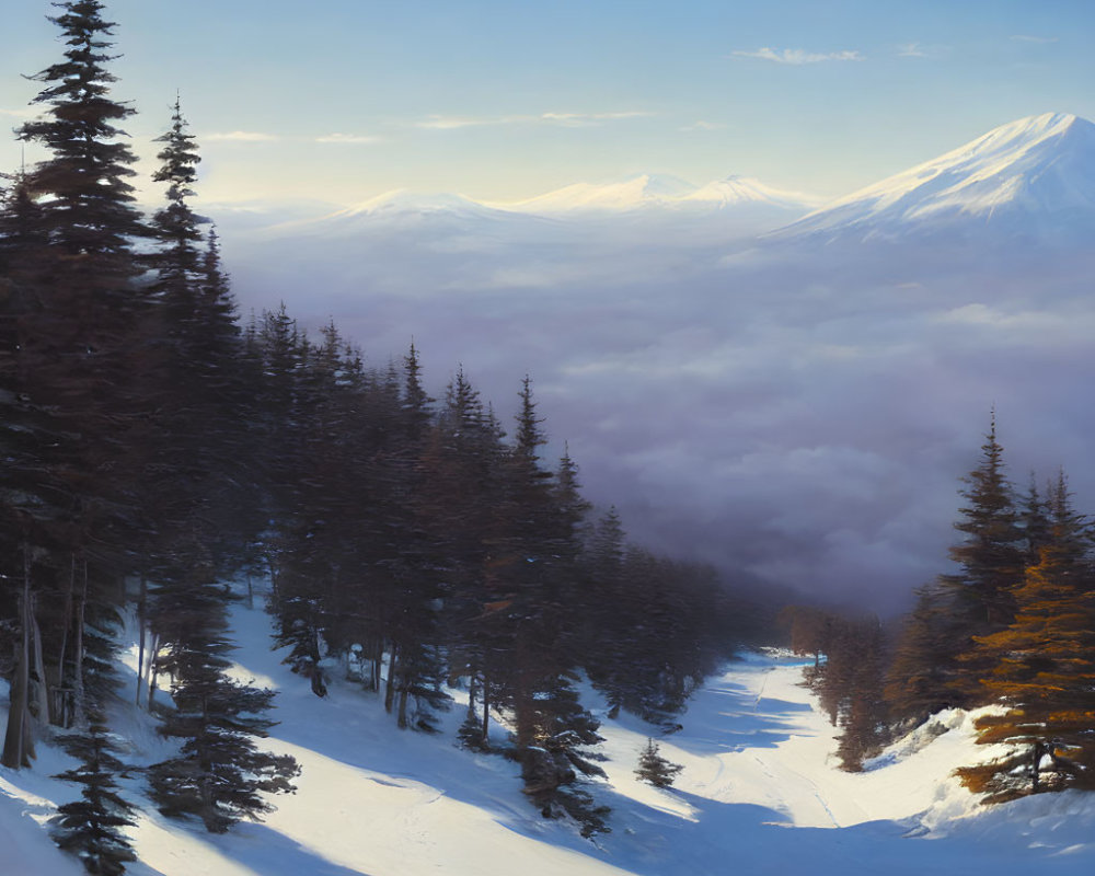 Snow-covered winter landscape with mist and mountains