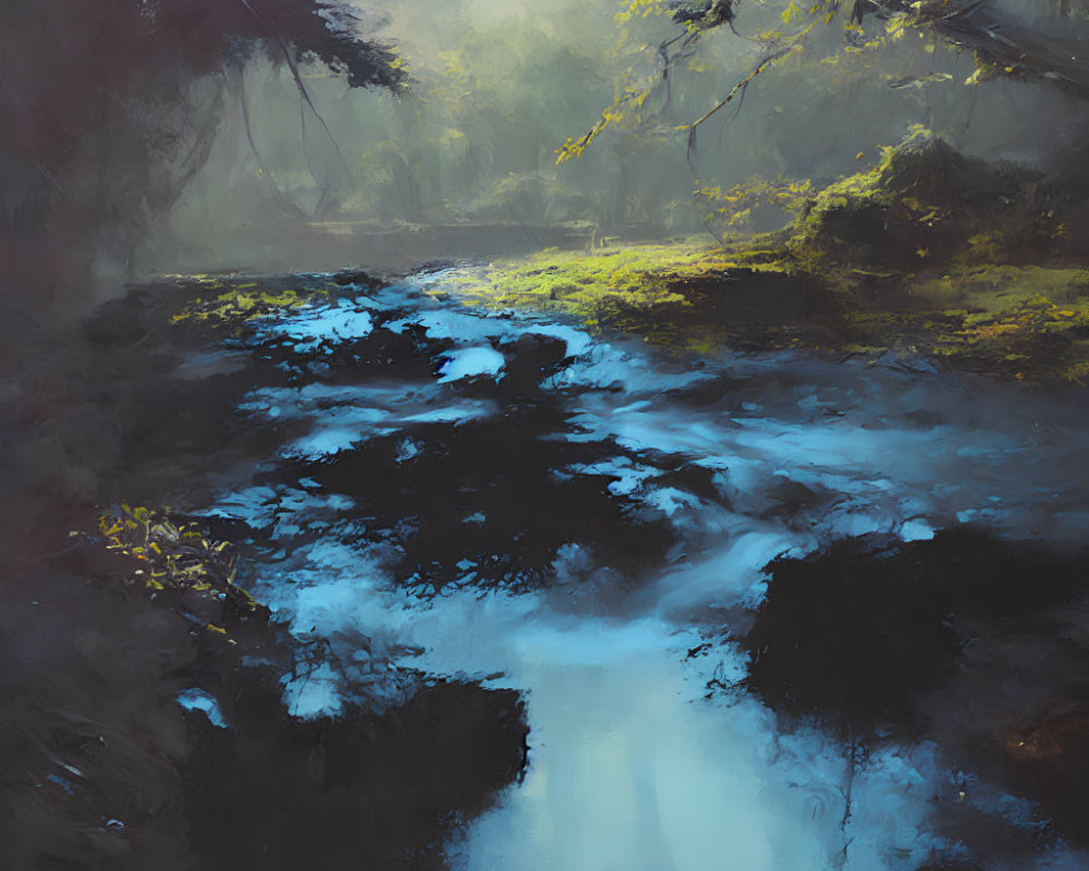 Tranquil forest scene with serene stream and lush greenery