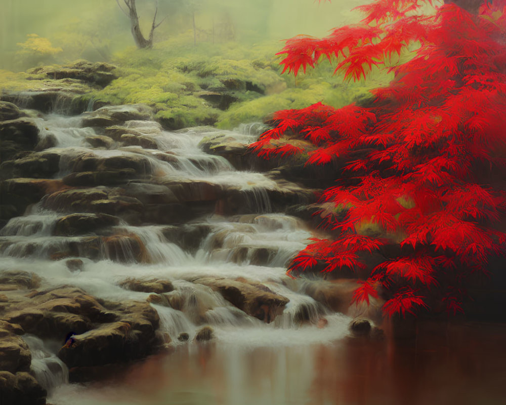 Tranquil waterfall scene with red foliage, greenery, and moss-covered rocks