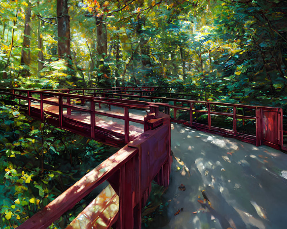 Tranquil Forest Scene with Wooden Bridge and Greenery