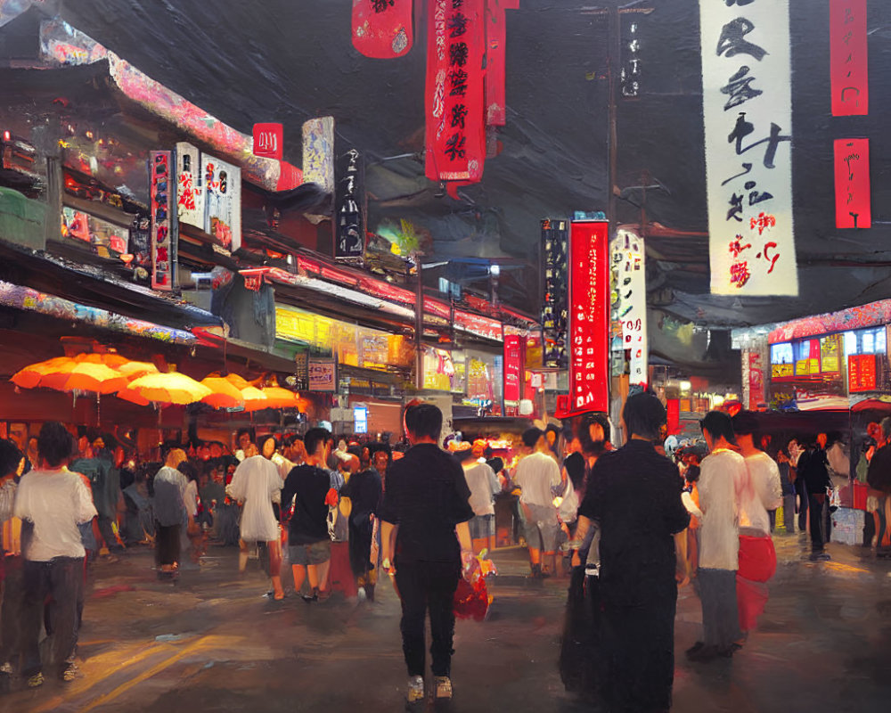 Vibrant night market with neon signs, crowded vendors, and twilight sky