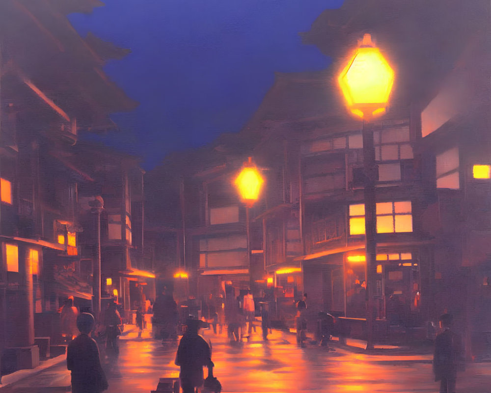 Bustling Street at Dusk with Warm Lantern Light