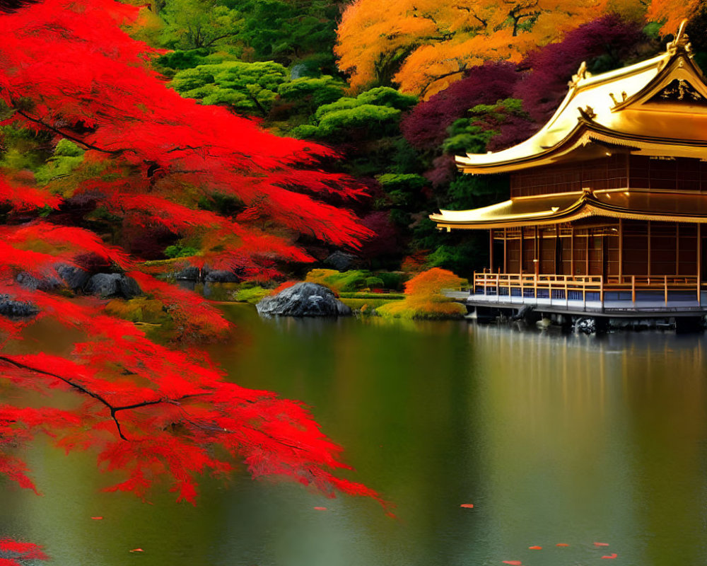 Golden Pavilion by Calm Pond Surrounded by Autumn Foliage