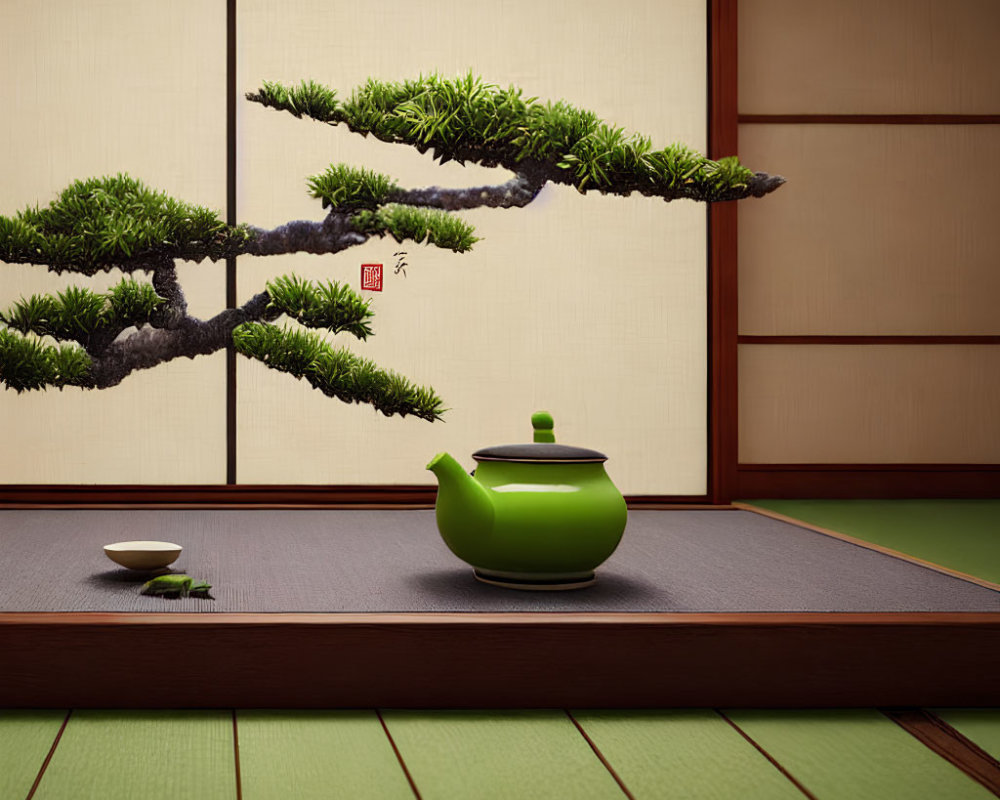 Green teapot and cup on tatami mat with Japanese sliding door and bonsai tree