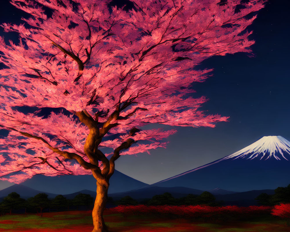 Pink tree and Mount Fuji under twilight sky