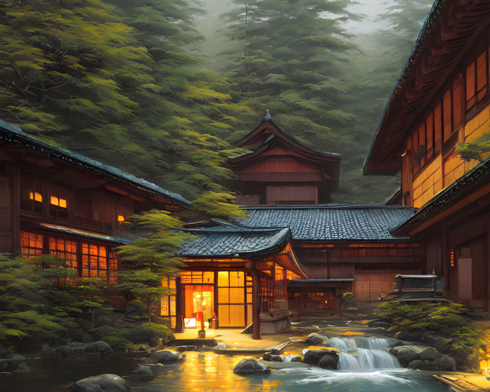 Traditional Japanese buildings by serene stream in forest with warm lights and misty ambiance