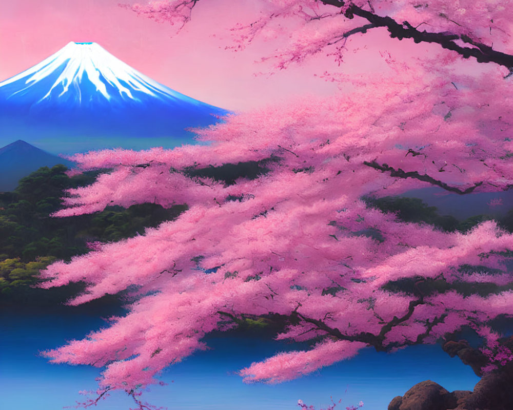 Majestic Mount Fuji with vibrant cherry blossoms and serene lake