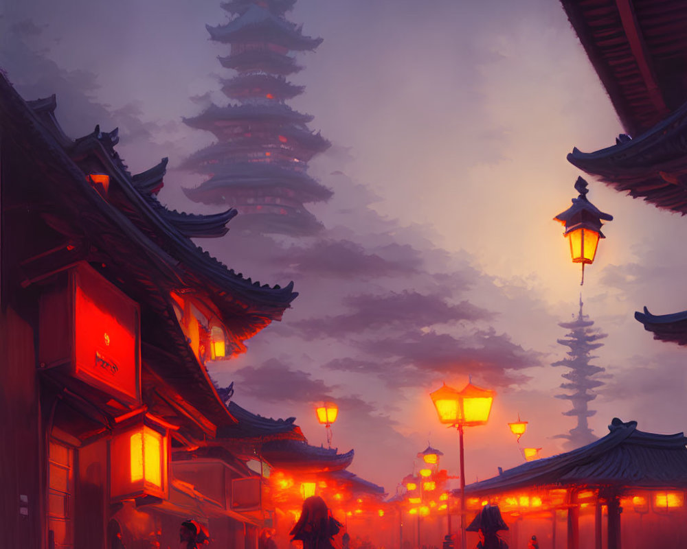 Misty red-hued ancient Asian street at dusk with glowing lanterns.