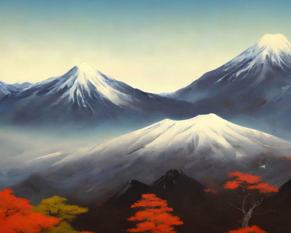 Snowy Mountain Peaks Over Autumn Forest in Serene Painting