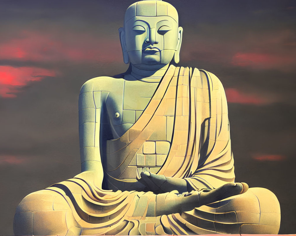 Serene large seated Buddha statue at sunset