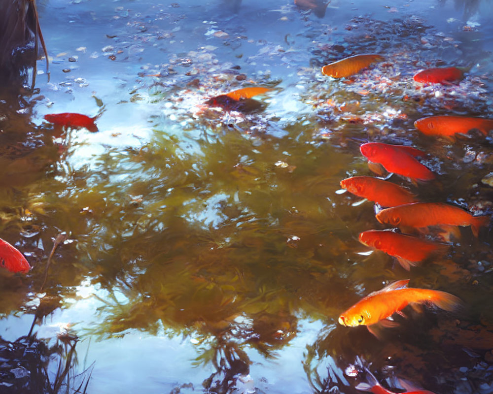 Tranquil pond with clear water, orange koi fish, and lush aquatic plants