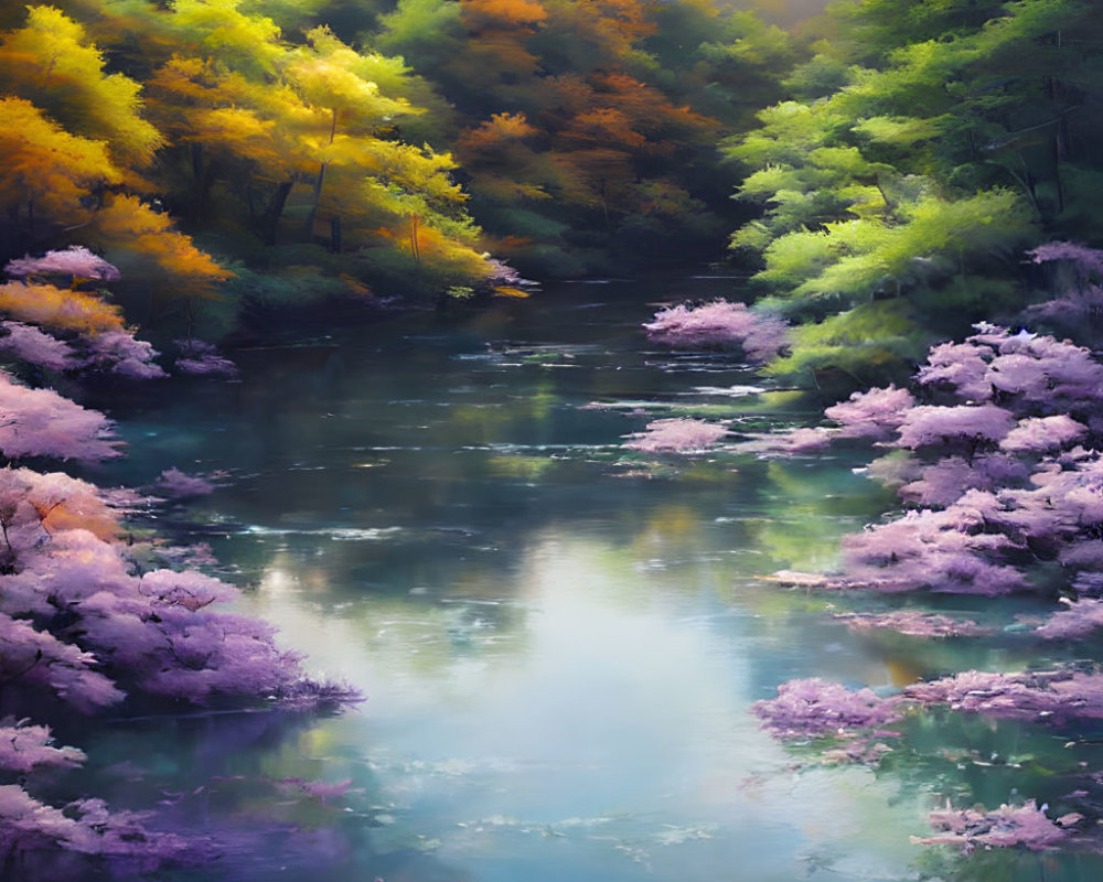 Tranquil river in vibrant forest with colorful foliage