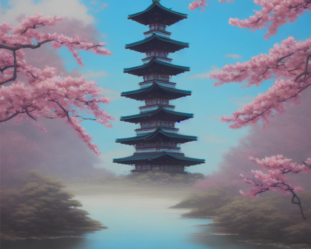 Traditional Pagoda Surrounded by Cherry Blossoms and Lake Under Misty Sky