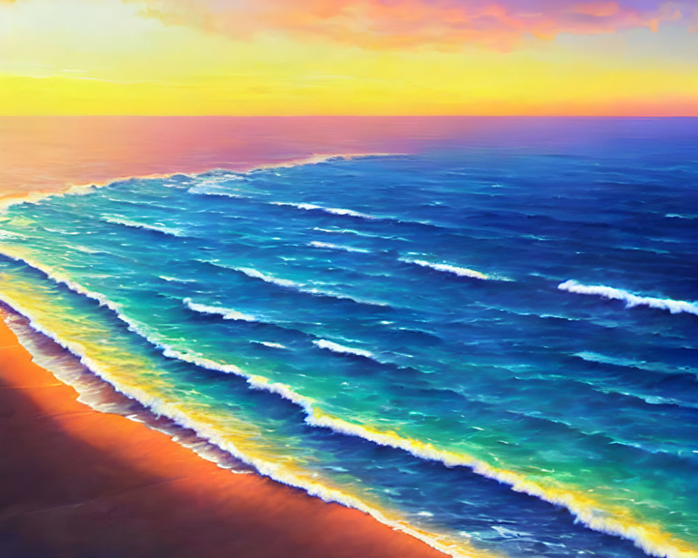 Vibrant beach sunset with blue waves and colorful sky