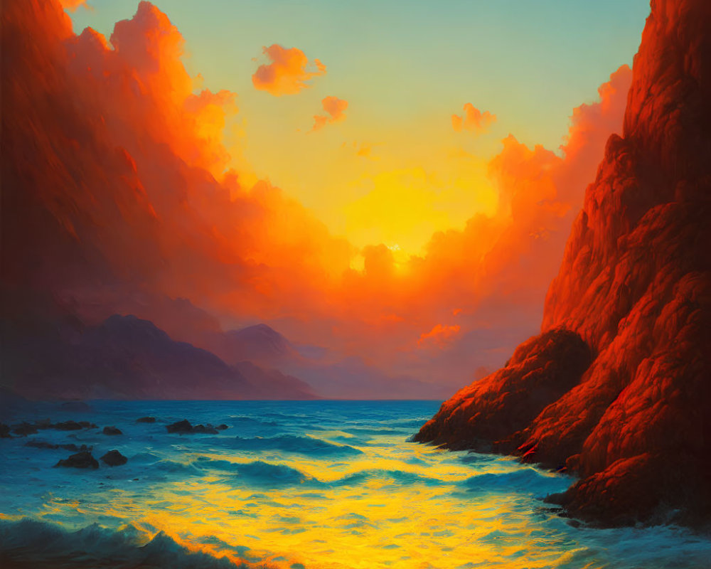 Scenic sunset over tranquil sea with fiery clouds and golden hues