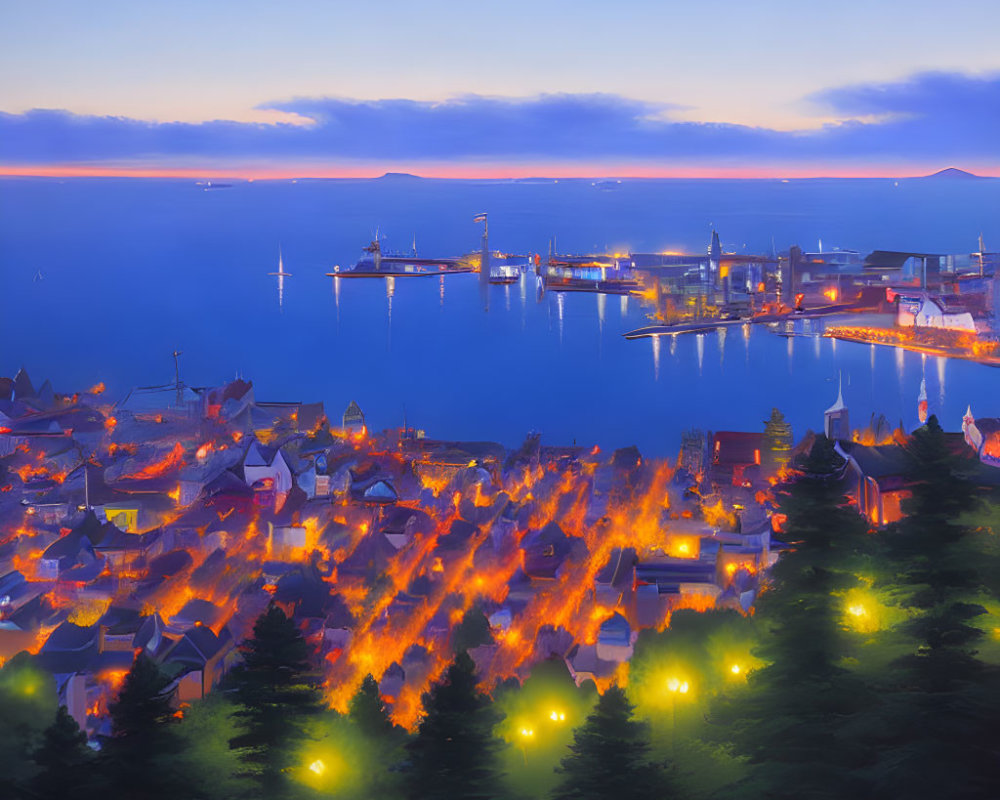 Coastal Town at Dusk with Lit Streets and Harbor View