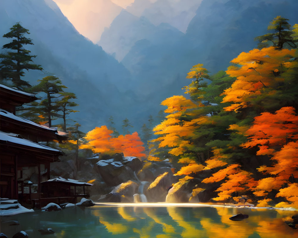 Tranquil autumnal mountain landscape with lake, trees, and traditional house