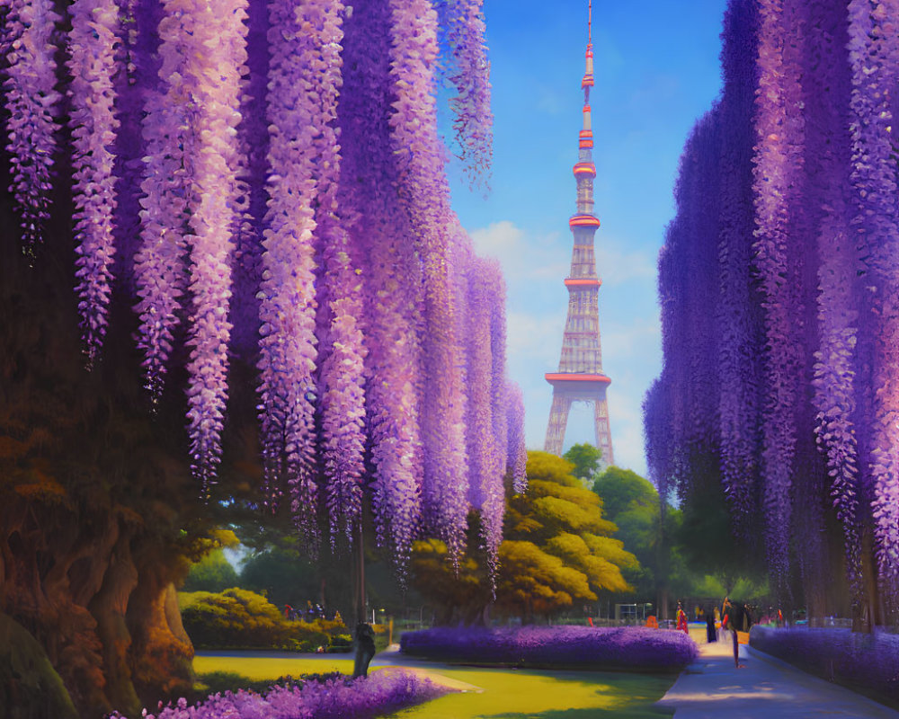 Colorful park scene with purple wisteria trees, people, and tower against blue sky