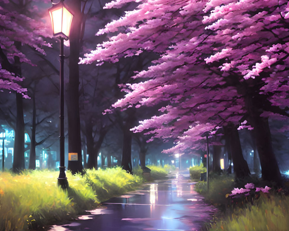 Tranquil Pathway with Glowing Street Lamps and Cherry Trees at Twilight