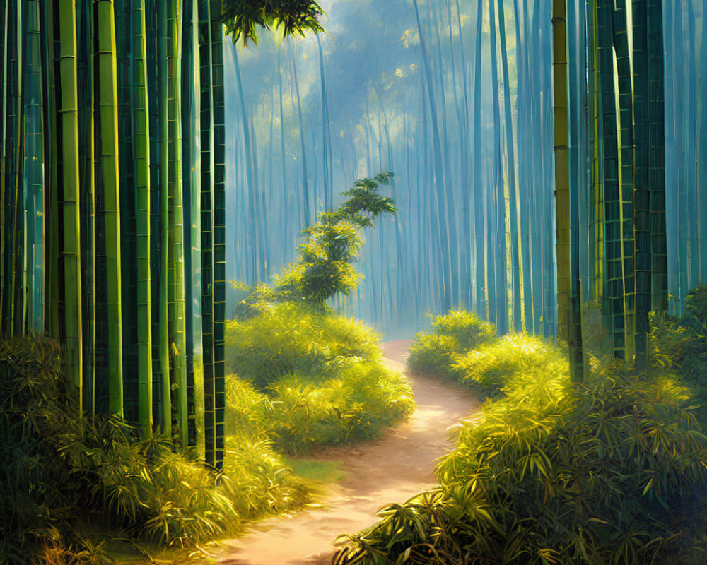 Tranquil bamboo forest with winding dirt path