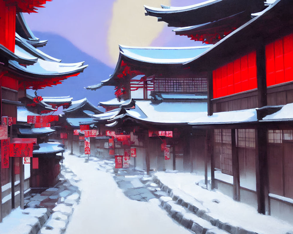 Snow-covered street with red buildings, lanterns, and mountain backdrop.