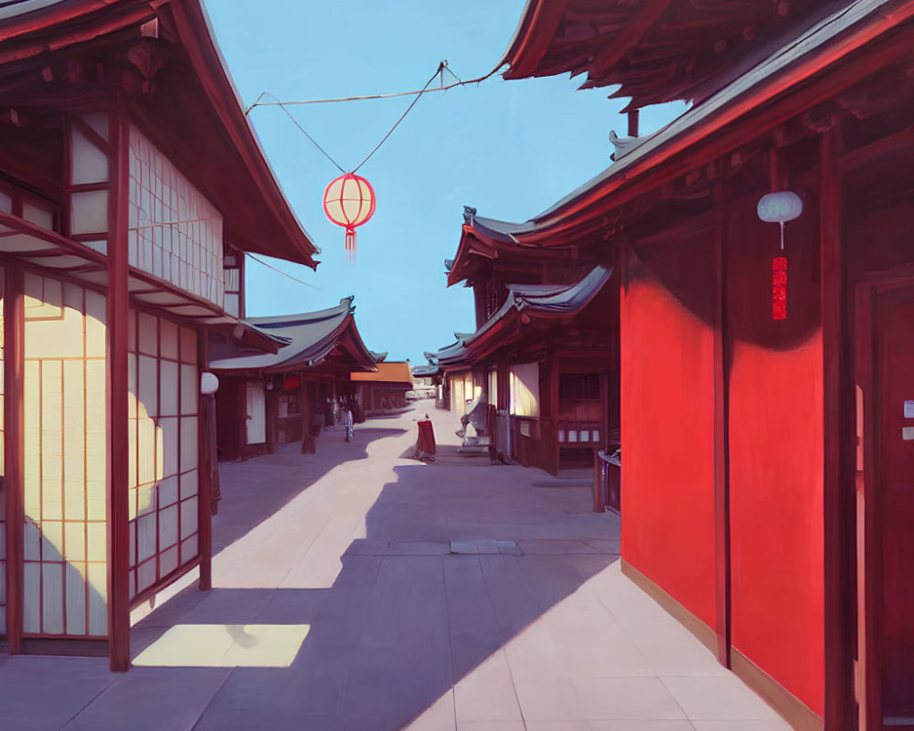 Traditional Japanese Street with Red Lanterns and Wooden Buildings